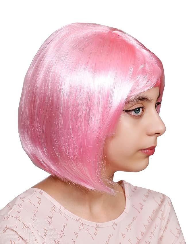 Matissa Short Straight 10" Bob Wig with Bangs Synthetic Fancy Dress Costume Halloween Party (Pink)