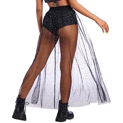 Women's Sheer Mesh 2 in 1 Glitter Sequin Elasticized High Waist A Line Party Maxi Skirt Sparkle Galaxy Sequin Tulle Cover ups Festival Outfits Costume Black Polka Dot S