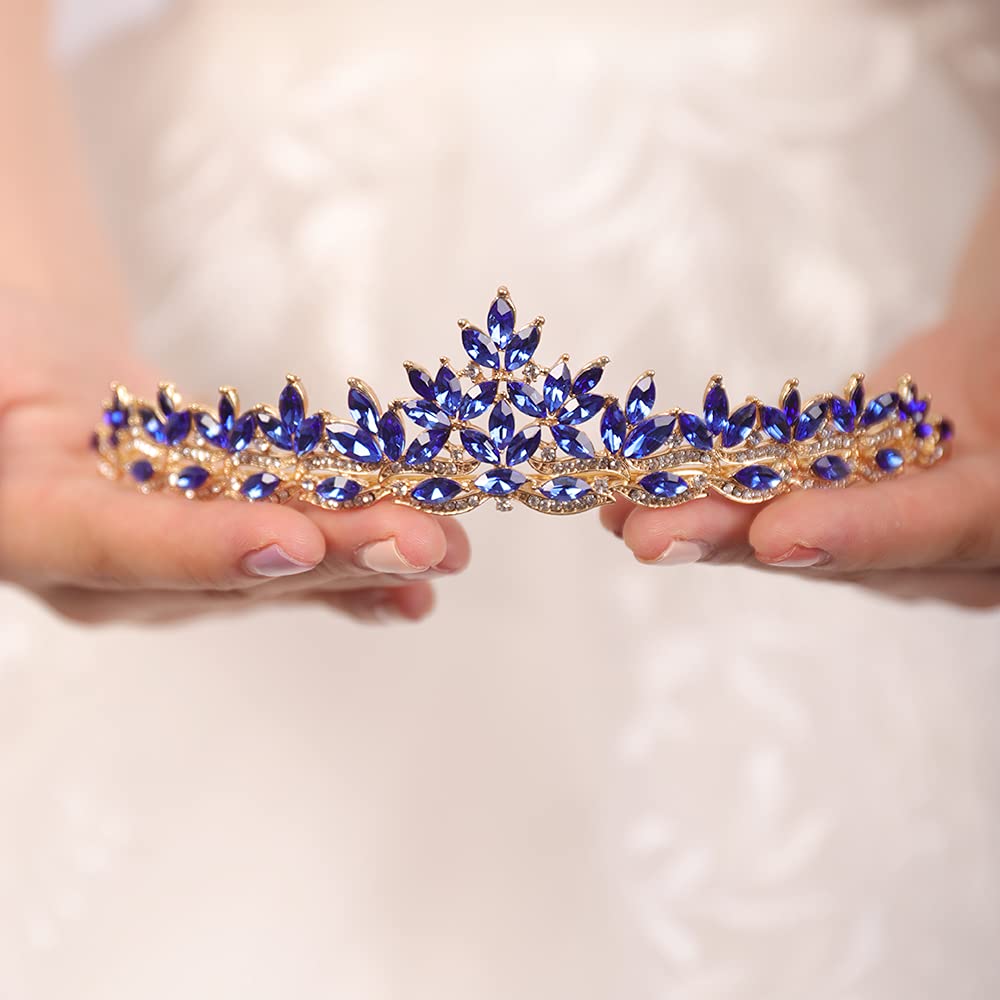 JWICOS Rhinestones Navy Blue Crystal Leaves Tiara and Crown Bridal Headband Tiara Headdress for Wedding/Christmas/Photography/Birthday Party/Halloween Costume