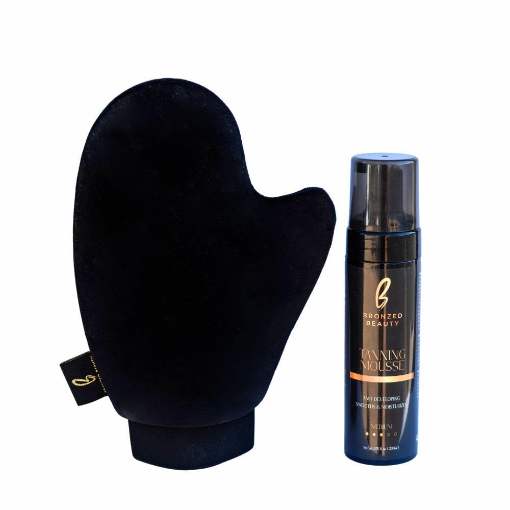 Bronzed Beauty Self-Tanning Mousse Kit - Medium 6.7fl oz Fast-Drying Body Bronzer with Mitt | Hydrating Aloe Vera & Vitamin E