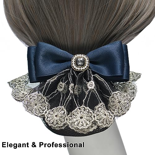 AsggBah 2pcs Hair Snood Net Barrettes with Bowknot Hair Clips with Thin Mesh Bun Cover for Women Ladies (Lace Red+Blue)