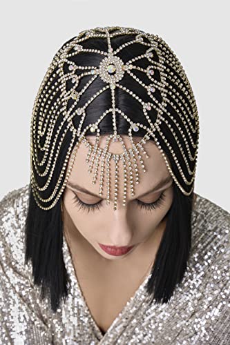 BABEYOND Vintage Style Roaring 20s Crystal Rhinestone Flapper Cap Headpiece Head Jewelry Chains (Gold)