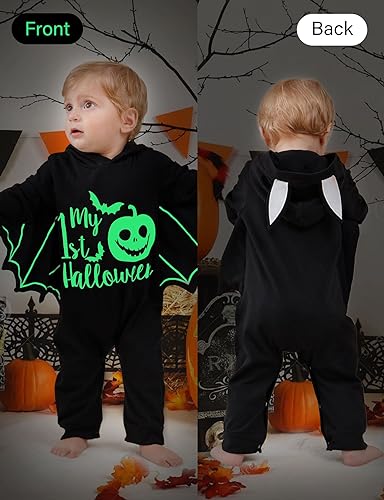 Goodstoworld Halloween Baby Bat Newborn Infant Boy Outfit Rompers 3-6 Month Girl Glowing Stuff Gender Neutral Clothes Black Long Sleeve Bodysuit with Hat