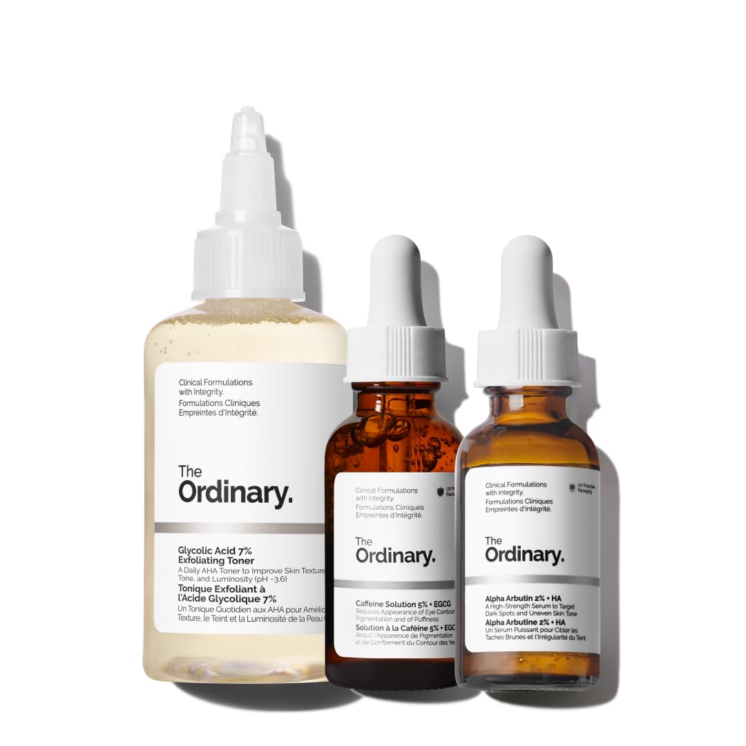 The Ordinary Bright Set - 3-Step Regimen for Radiant Skin Tone | Glycolic Acid, Alpha Arbutin, Caffeine Solution
