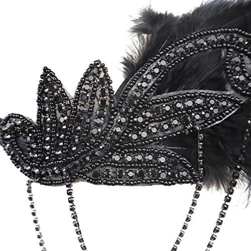 1920s Vintage Flapper Headbands Crystal Headpiece Ostrich Feather Hair Band for Women Girls Prom Party Festival Gatsby Hair Jewelry (A-Black)