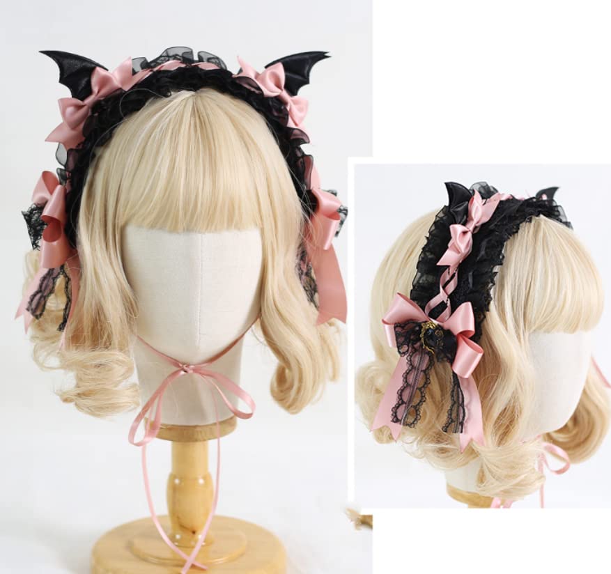 CoBtee Gothic Lolita Headdress Lace Devil Horns Cosplay Headbands Hair band Hair Accessories Headwear Halloween Party (bat Headbands/white)