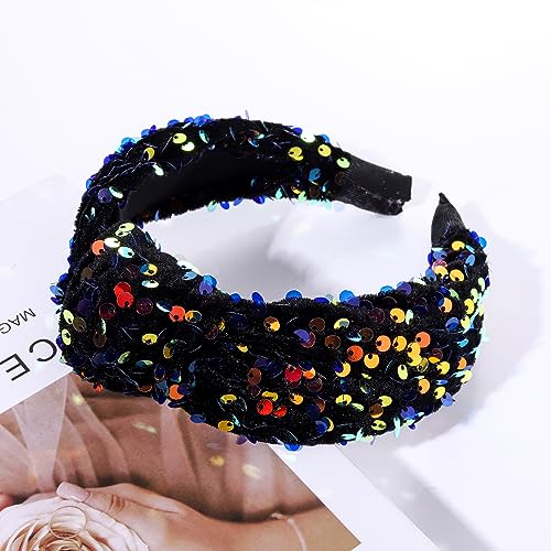 HEIDKRUEGER Knotted Sequins Headbands Soft Twist Hairband Bar Stage Sing Dance Party Headband Sparkle Glitter Hair Accessories for Women and Girls (Black)