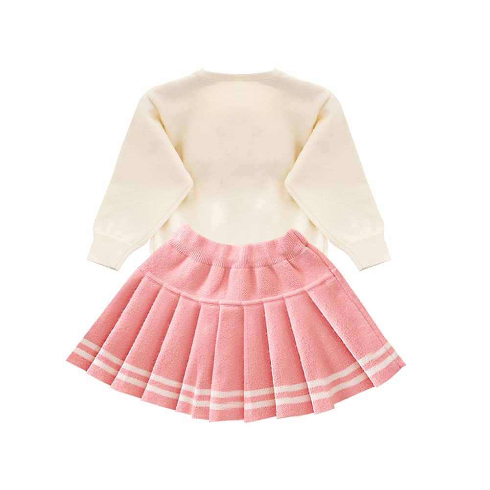 Toddler Baby Girls Autumn Winter Fall Clothes Knit Long Sleeve Ruffle Sweater Top+Pleated Mini Tutu Skirt 2pcs Outfit for Kids Princess Casual Playwear Homewear Clothing Set Pink-Bow 2-3T