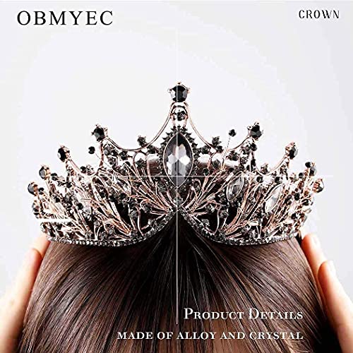 Obmyec Baroque Tiaras Black Crown Earring Crystal Head Crown Rhinestone Prom Princess Crowns Gift Party Sparkly Hair Accessories for Women