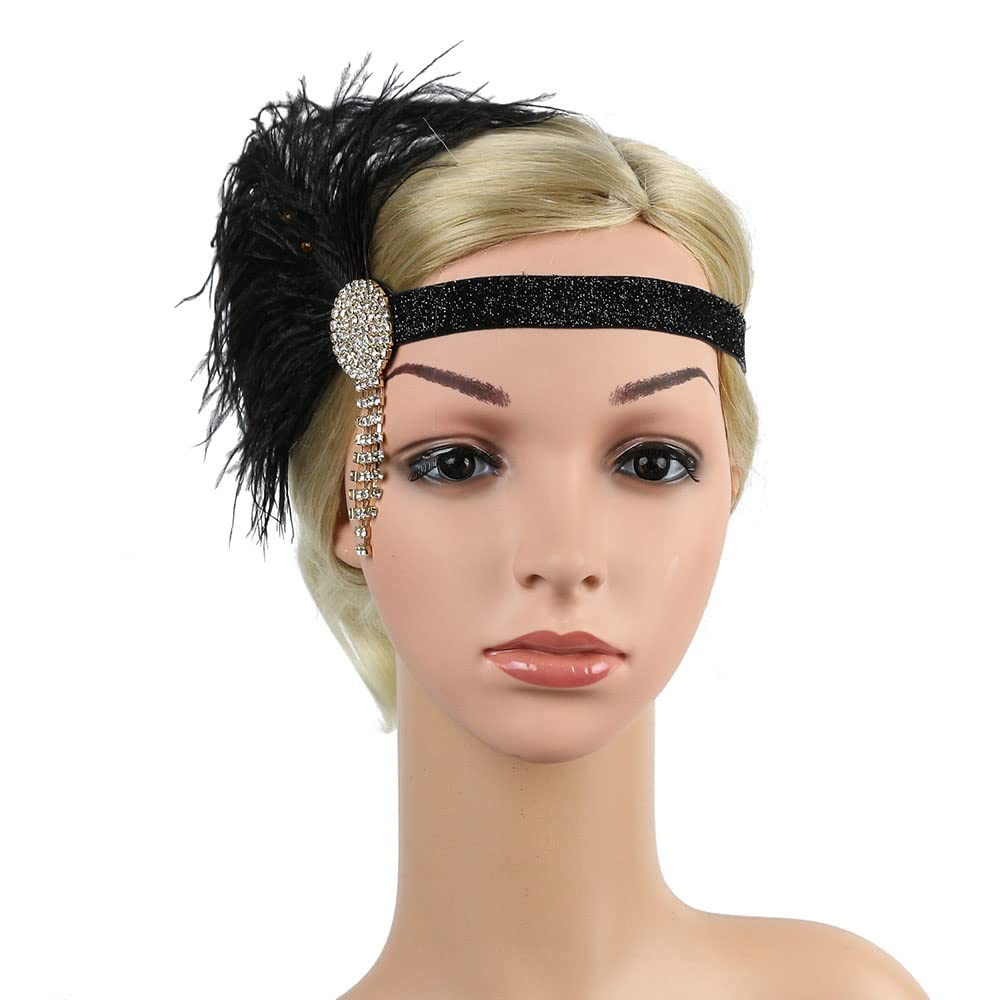 STIOEDYUAN 1920s Flapper Headband Hair Accessories For Women Roaring 20s Feather Headpiece Hair Band Vintage Gatsby Party Rhinestone (Black+Gold)