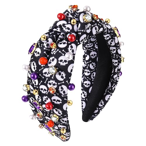 HSWE Halloween Headband Crystal Knotted Headband for Women Pearl Rhinestone Jeweled Embellished Skull Print Wide Top Knot Hairband Halloween Costume Cosplay Party Decoration