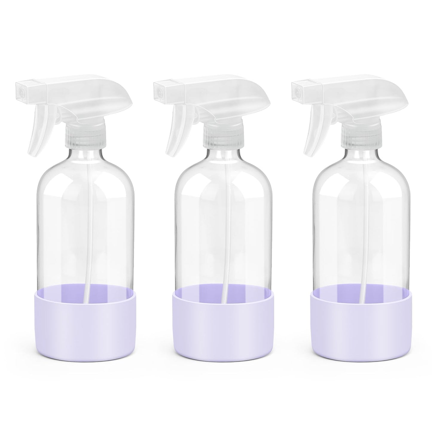 Rionisor Glass Spray Bottles with Silicone Sleeve Protection, Empty 16 oz Refillable Containers, Reusable Spray Bottles with Adjustable Nozzle for Hair, Cleaning Solutions, 3 Pack Purple