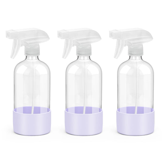 Rionisor Glass Spray Bottles with Silicone Sleeve Protection, Empty 16 oz Refillable Containers, Reusable Spray Bottles with Adjustable Nozzle for Hair, Cleaning Solutions, 3 Pack Purple