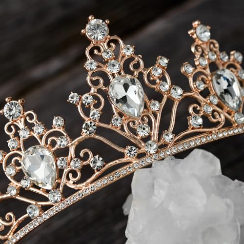 SWEETV Wedding Crowns for Women,Rose Gold Crystal Tiaras and Crowns for Women Girls,Rhinestone Princess Tiara Hair Accessories for Quinceanera Pageant Prom Bridal Wedding Prom Party