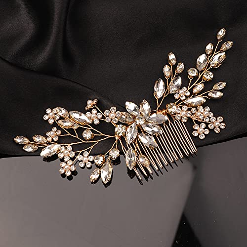 Teyglen Rhinestone Flower Bride Wedding Hair Comb Headband Crystal Hair Pieces Headpieces with Rhinestones Hair Accessories Handmade Bridal Side Hair Combs for Women Bride Girls (Gold)