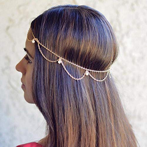 Ursumy Indian Hair Chain Festival Hair Jewelry Pearl Headchain Tassel Headpiece Wave Head Chain for Women (Gold)