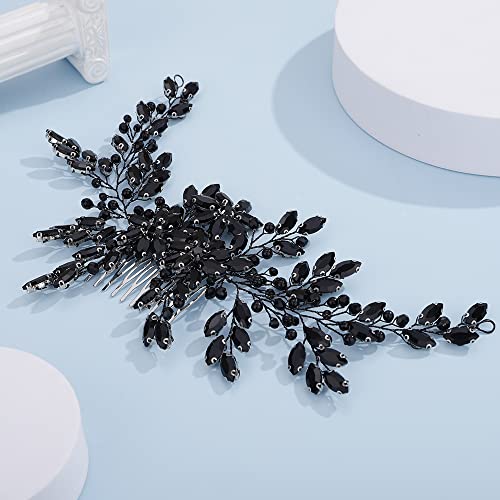 Teyglen Women Dainty Large Black Rhinestones Flower Crystal Pearls Bride Wedding Hair Comb Headband Luxurious Hair Accessories Shiny Black Rhinestones Crystals Bridal Side Hair Combs for Women Bride Girls (Black)