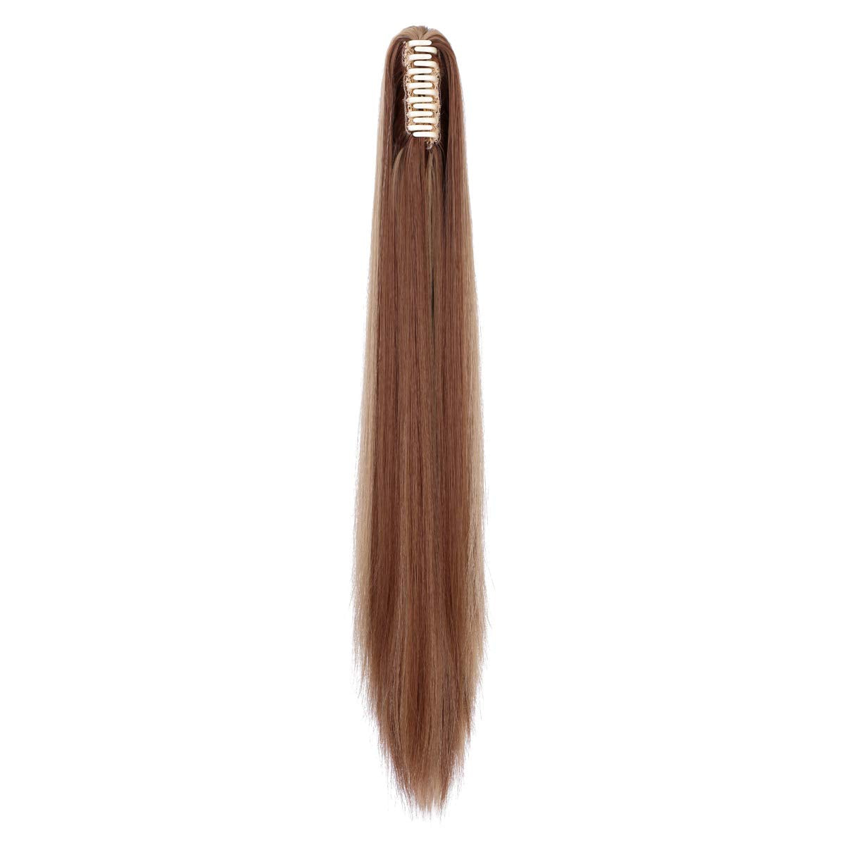 FELENDY Ponytail Extension Claw 18" 20" Curly Wavy Straight Clip in Hairpiece One Piece A Jaw Long Pony Tails for Women Ash Blonde Mix Light Brown