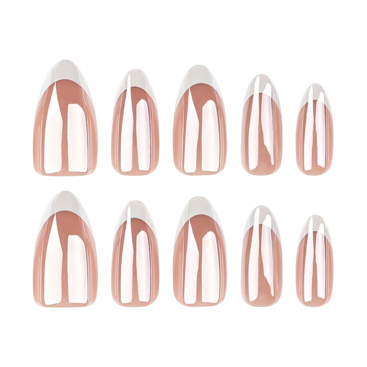 Chrome Press on Nails Medium Almond Fake Nails White French Tip Fake Nails Nude Glue on Nails Glossy False Nails Reusable Artificial Acrylic Nail Full Cover Stick on Nails for Women Manicure 24Pcs