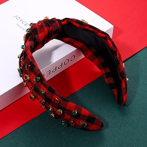 CEALXHENY Christmas Headband Accessories for Women Red Green Rhinestone Crystal Knotted Headband Jeweled Xmas Plaid Wide Top Knot Headband Christmas Outfits Holiday Gifts (Christmas 1)