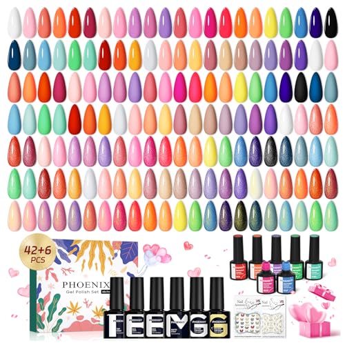 PHOENIXY 62 PCS Gel Nail Polish Set, 54 Colors Gel Polish with Base Coat & Glossy/Matte/Glitter Top Coat All Seasons Nail Polish Set Gifts for Women Girls
