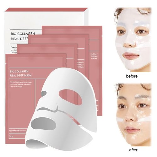 Bio-Collagen Deep Face Mask - Korean Hydrogel Overnight Hydration | Firming & Pore Minimizing | 4 Pack for Radiant Skin