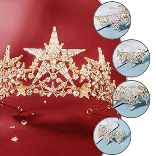 Beaupretty Bridal Crown Crystal Tiara Crowns Star Rhinestones Headband Princess Crown Women Rhinstone Headbands Bridal Wedding Prom Birthday Party Headpiece (Golden)