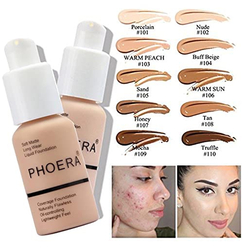 PHOERA Foundation, PHOERA Matte Liquid Foundation,PHOERA Makeup for Women, PHOERA Foundation Full Coverage Concealer, 30ml 24HR Matte Oil Control Concealer (101+102/Porcelain+Nude)