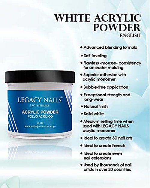 Legacy Nails White Acrylic Powder - 4oz | High-Quality, Fast-Drying Formula for Salon-Grade Nail Extensions
