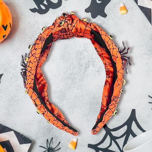 Yoolhamy Halloween Rhinestone Headband for Women Knotted Jeweled Wide Hair Band with Spider Pumpkin Bat Crystal Accents