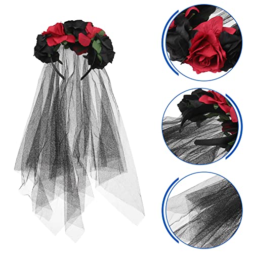 Beaupretty Halloween Headband with Roses Veil Day of the Dead Headpiece Flower Crown Veil