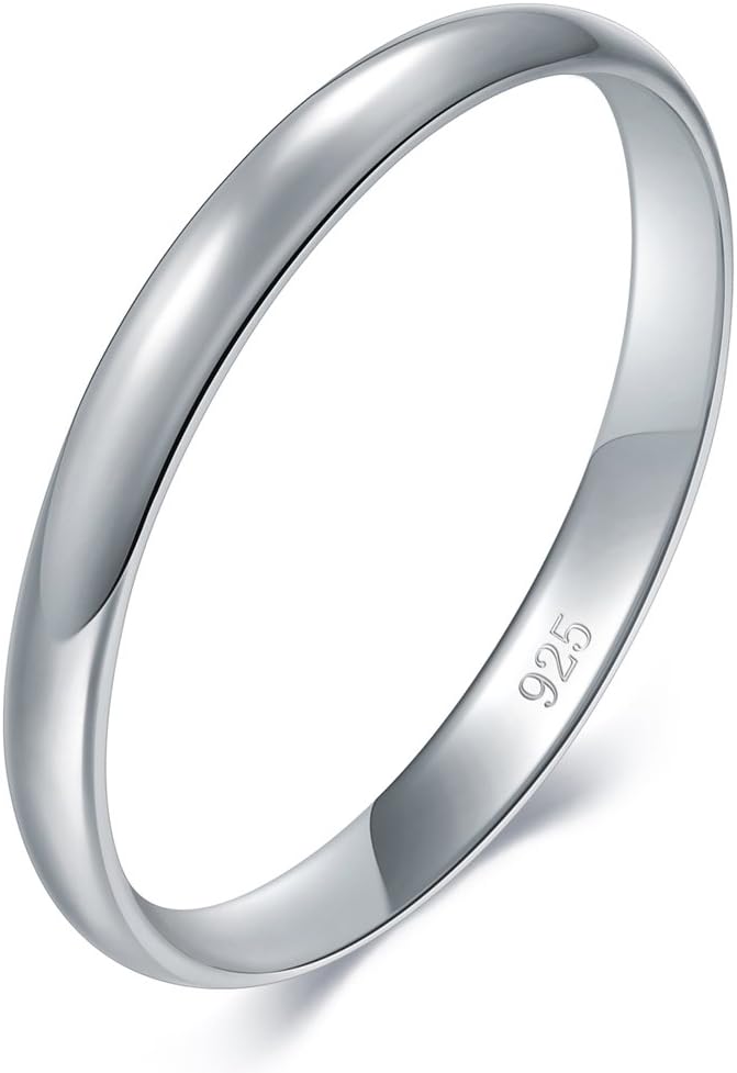 BORUO 925 Sterling Silver Ring High Polish Plain Dome Tarnish Resistant Comfort Fit Wedding Band Gifts for Special Occasions 2mm 3mm Ring Size 4-12