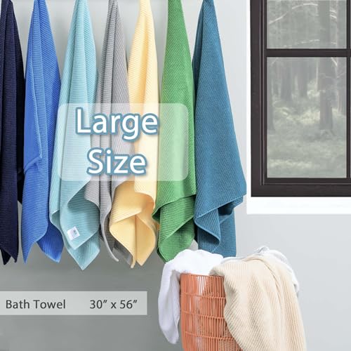 Grey and White Bath Towels (4PC, Large 30"x56") - Cotton | Hotel Quality | Lightweight | Thick | Soft | Absorb, Striped Towels for Bathroom, Quick Dry Towel for Shower, Gray and White Stripe