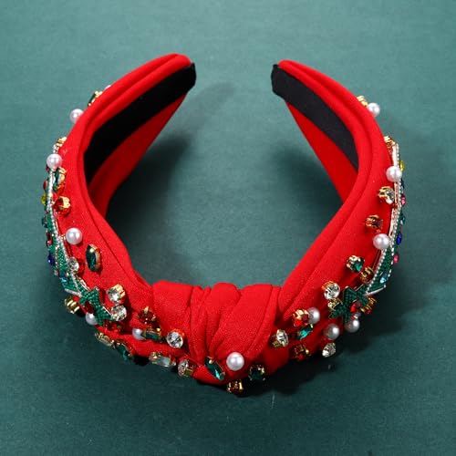 Christmas Headband for Women Rhinestone Snowflake Headband Embellished Crystal Pearl Knotted Headbands Wide Top Knot Xmas Holiday Headband Christmas Hair Accessories Outfits Gifts (Snowflake Black)