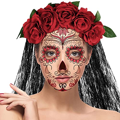 Maitys Day of Dead Headpiece Rose Floral Crown Veil and 8 Sheets Halloween Floral Skull Temporary Face Tattoo Stickers for Women Parties(Elegant)