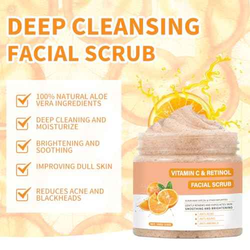 Vitamin C Face Scrub, Exfoliating Facial Wash with Retinol, Facial Scrub,Facial Exfoliating Scrub, Facial Scrubs for Women,Deep Cleansing Face Wash Cleanser for Women Men