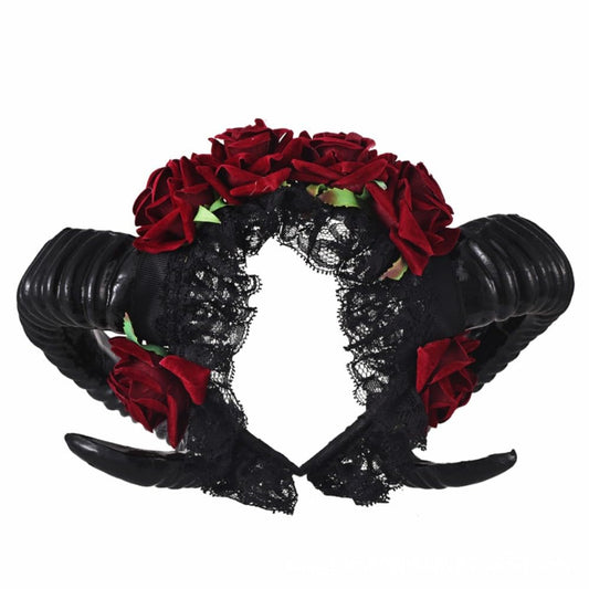 Restyle Sheep Horn Rose Flower Headband Gothic Beauty Horror Horns Halloween Black Veil Lace Retro Hair Accessories Vintage (A)