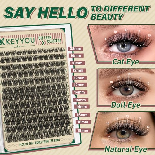 Lash Clusters,96 Pcs Cluster Lashes D Curl 8-18MIX DIY Lash Extensions Eyelash Clusters,KEYYOU Volume Wispy Individual Lashes Soft&Comfortable Easy DIY at Home(Y09,D-8-18MIX)