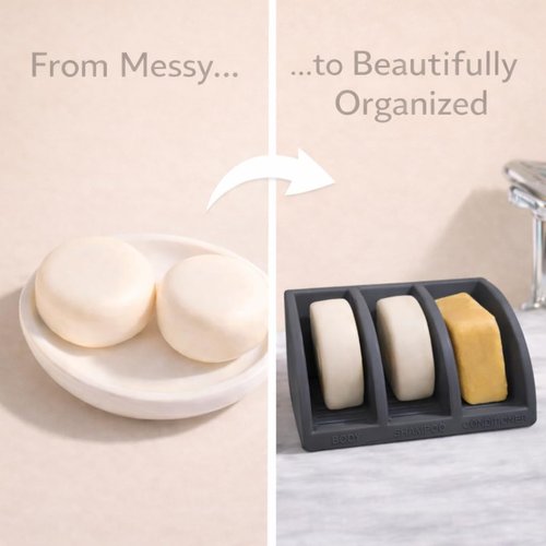 Essence & Abode Shampoo Bar Holder - 3-Slot Soap & Conditioner Organizer with Drainage | Modern Dark Gray Bathroom Storage
