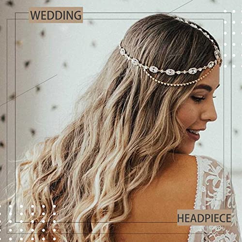 Acenail Rhinestone Head Chain Hair Jewelry Wedding Bride Headpieces Gold Headbands Women Head Jewelry Boho Hair Chains Bridal Halloween Hair Accessories (Gold)