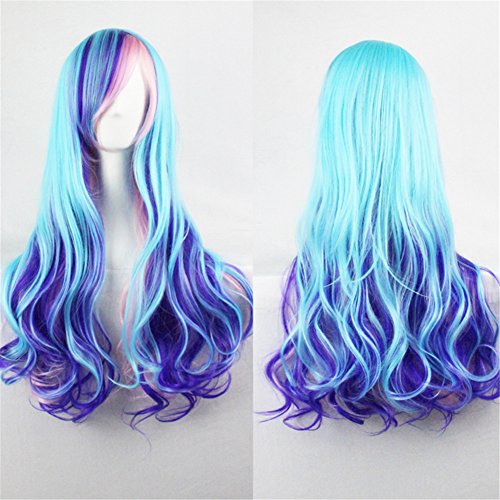 Sharebeauty 28" Mix Blue and Purple Ombre Long Wavy Curly Women Wig with Side Bangs Cosplay Costume Halloween Party Wig