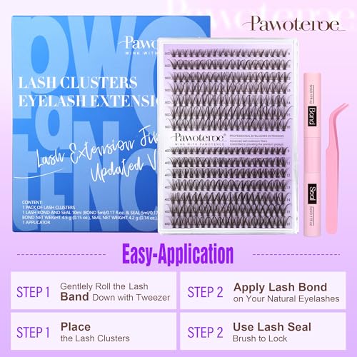 Pawotence Lash Clusters Kit 40D 60D Lash Extension Kit 10-18mm Cluster Eyelash Extension Kit Individual Lashes 280pcs Eyelash Clusters with Lash Bond and Seal, Lash Tweezers for Self Use