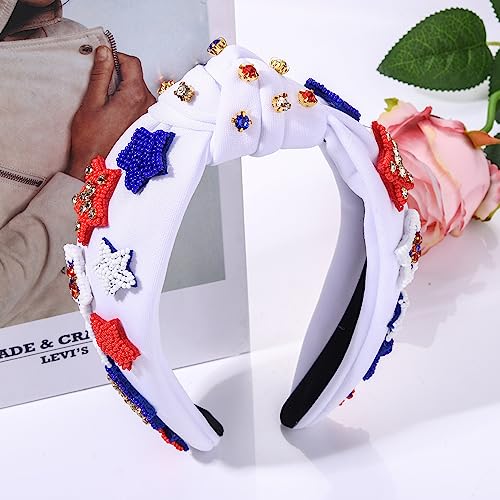 GLBCC 4th of July Knot Headband for Women Red White Blue Star Hairband Pearl Rhinestone Stars Beaded USA Patriotic Knotted Head Band Headpiece Hair Accessories (patriotic headband A)