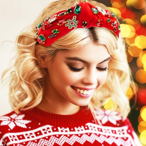 Christmas Rhinestone Headband Crystal Knotted Beaded Jeweled Headbands for Women Girls Xmas Tree Socks Top Hairband Wide Hair Band Christmas Costume Hair Accessories