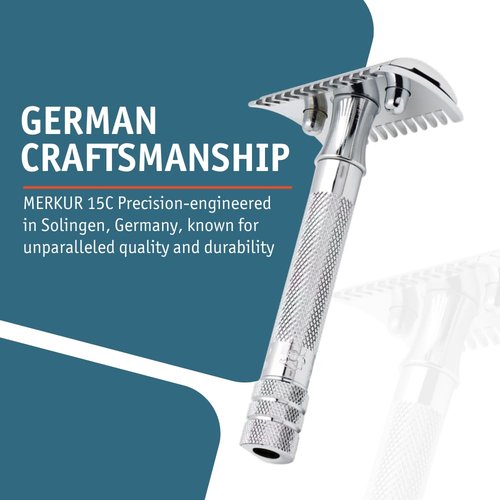 MERKUR 15C Double Edge Safety Razor - Bright Chrome Open Comb Design, Plastic-Free, Three-Piece