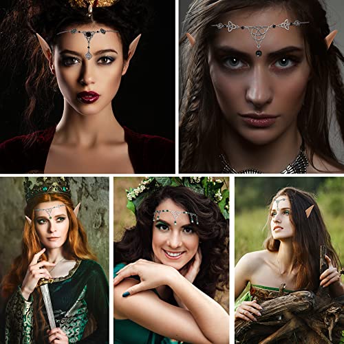FRESHME Fairy Elf Ears with Celtic Headpiece Kit - Elf Ears and Celtic Knot Head Chain Boho Crystal Bead Head Pendant Headband Women s Halloween Renaissance LARP Cosplay Costume