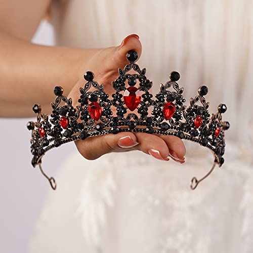 JWICOS Tiaras and Crowns for Women Gothic Crystal Queen Crown Black Baroque Vintage Tiara for Halloween Costume Birthday Party (Red Black)