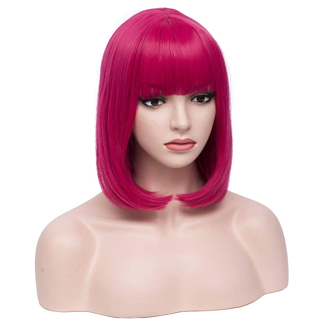 BERON 12 Inches Dark Pink Wig Short Straight Bob Hot pink Wig with Bangs for Women Halloween Cosplay or Daily Use Wigs (Dark Pink)