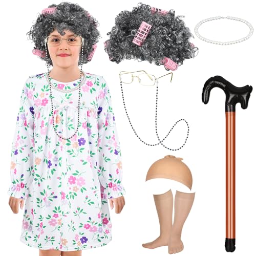 ramede 8 Pcs Halloween Old Lady Cosplay Costume for Kids 100th Day of School Grandma Costume with Cane Dress Wig(3-4 Years)