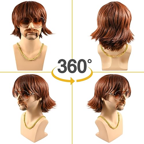 5Pcs 70s 80s Disco Wigs Set with Mustache Sunglasses Gold Chain Hairnet, Brown Afro Short Hair Synthetic Mullet Toupee for Adult Mens 50s 60s Singer Rocker Hippies Costumes Cosplay Halloween Party